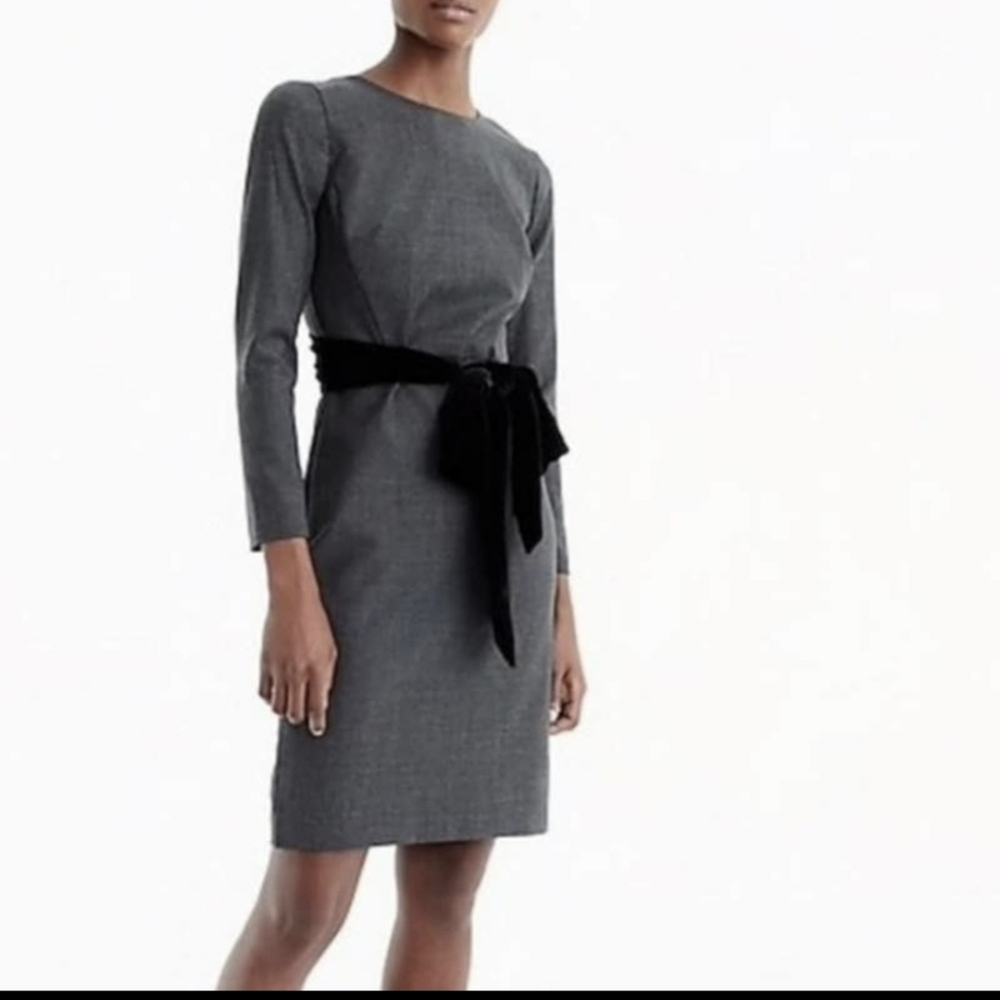 J. Crew Day-to-Night dress in exeter flannel gray with velour belt.